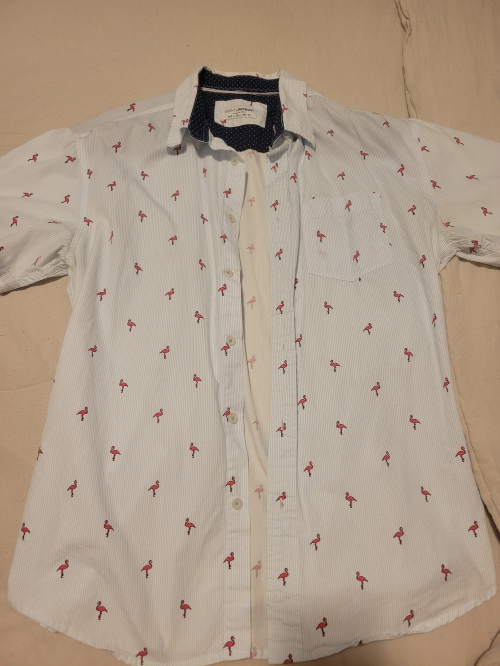 Men's White Short-Sleeve Button-Up Shirt with Pink Flamingo Print